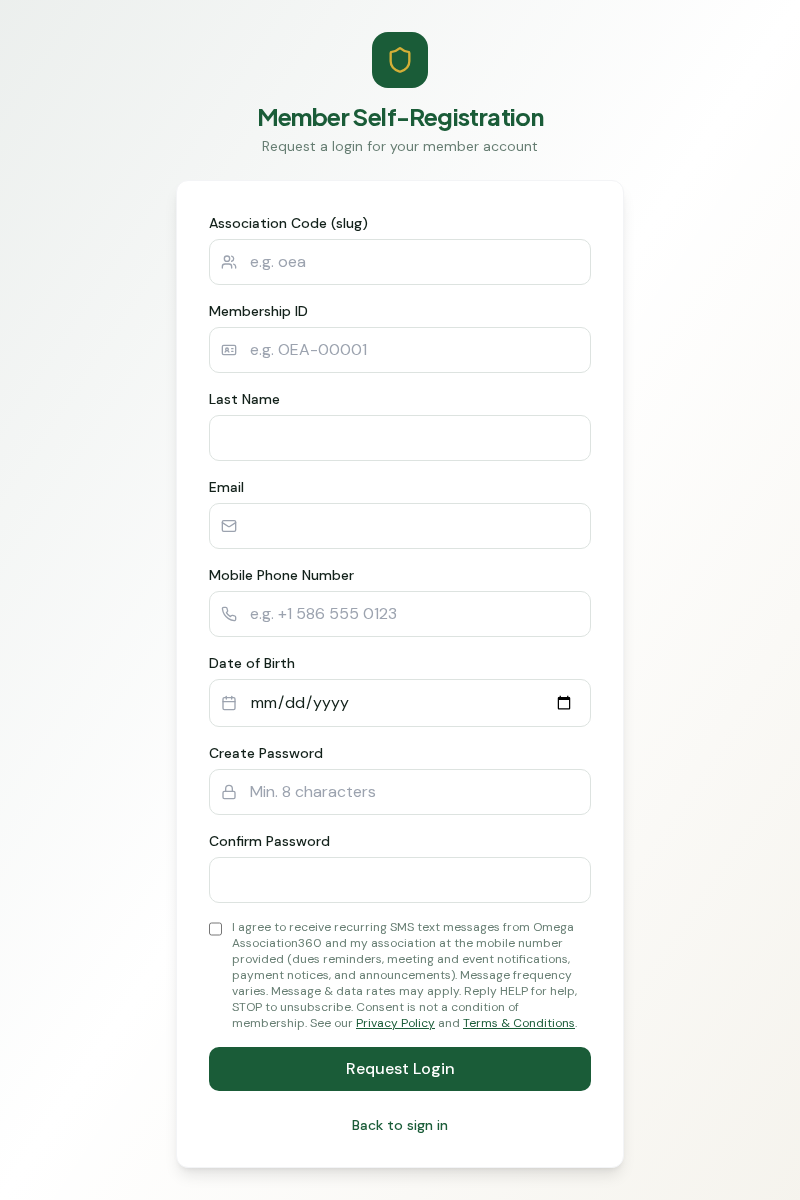 Omega Association360 member registration form showing the mobile phone field and unchecked SMS consent checkbox with message frequency, data rates, HELP and STOP instructions, and Privacy Policy and Terms links.